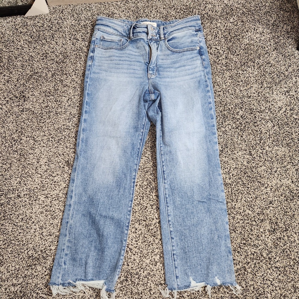 Bke Parker Universal Fit Hi Rise Cropped Straight Jeans Stretch Rawhem Sz 31x28
